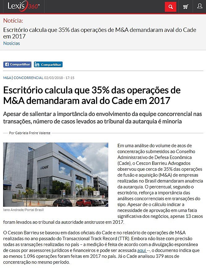 Escritrio calcula que 35% das operaes de M&A demandaram aval do Cade em 2017